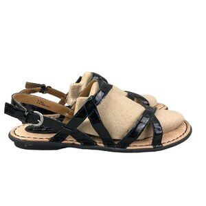 BOC Women's Size 9 Black Patent Open Toe Strappy Ankle Strap Buckle Flat Sandals